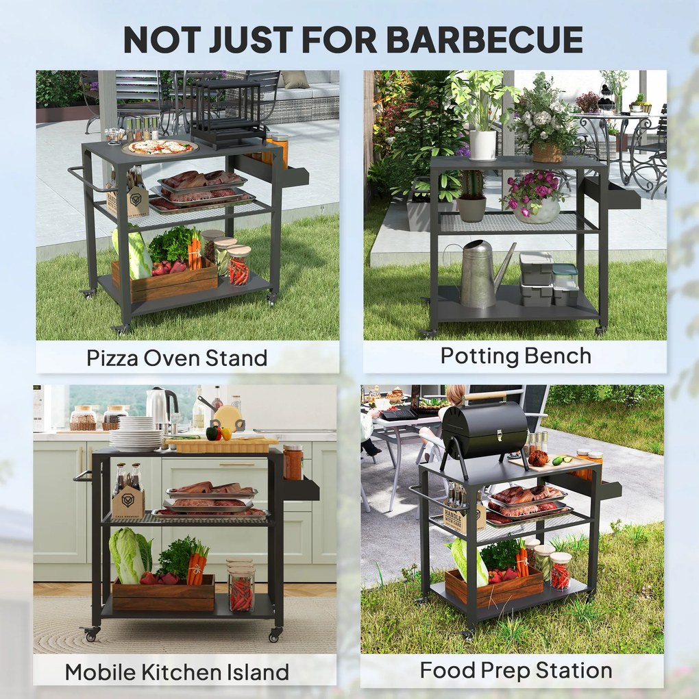 Outsunny Wyspa Kuchenna na Zewnątrz, Wózek Grillowy z Półką na Zapasy, Uchwytem, 4 Kołami, Wózek Kuchenny, Taras, Ogród, Metal, Czarny