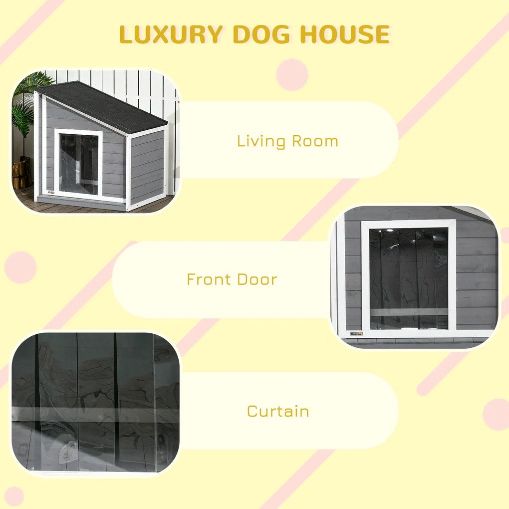 PawHut Domek dla psa z drewna sosnowego, odporny na warunki atmosferyczne, dach asfaltowy, 71 cm x 58 cm x 77 cm, Szary + Biały