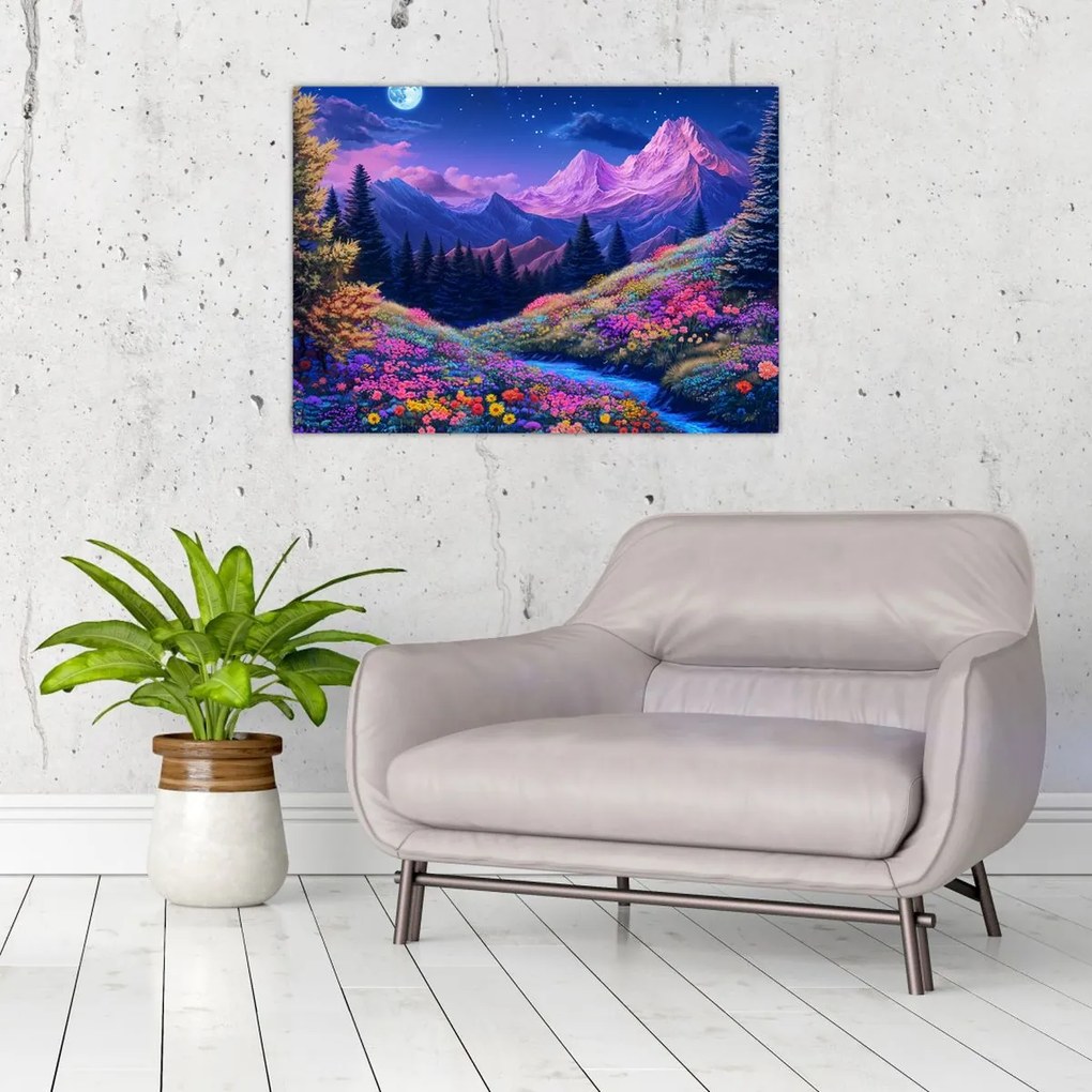 Obraz na szkle - Fioletowy krajobraz przy pełni księżyca (70x50 cm)