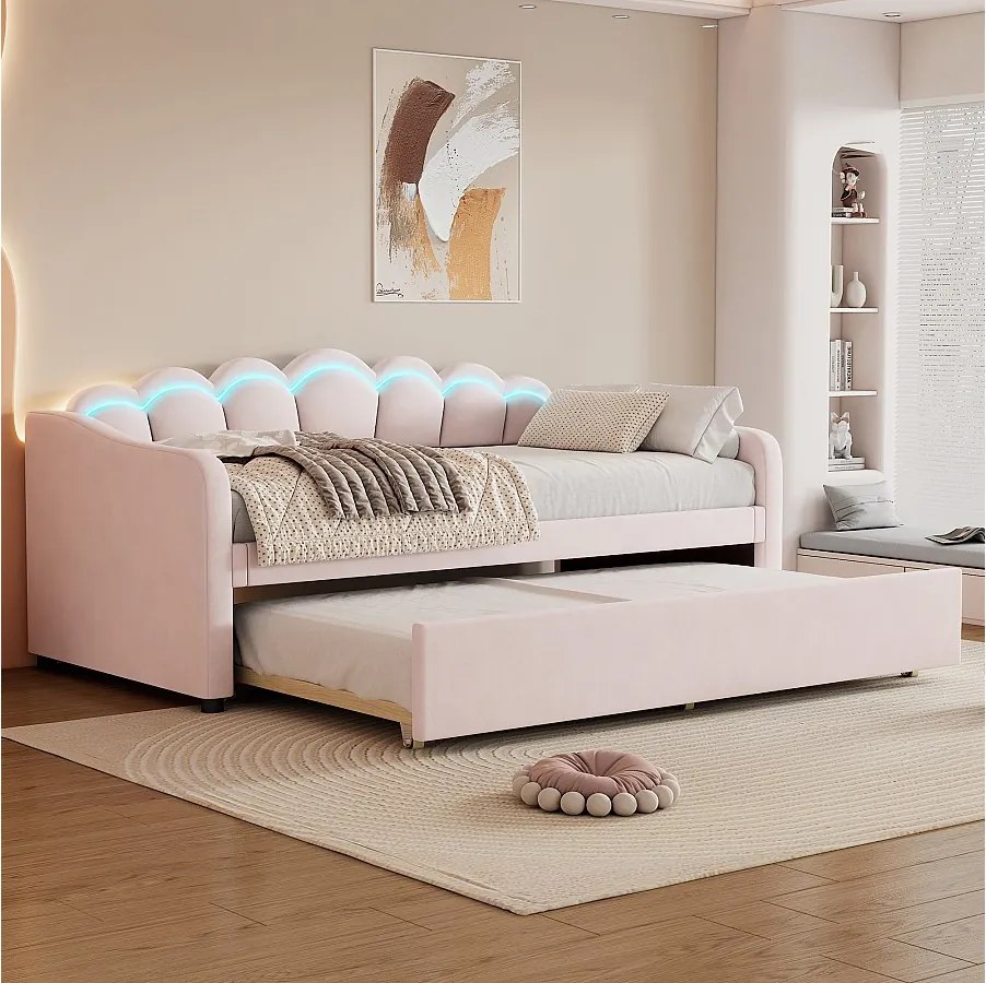 Łóżko dzienne 90x200 cm z wysuwanym łóżkiem i oświetleniem LED, różowy welur - bez materaca