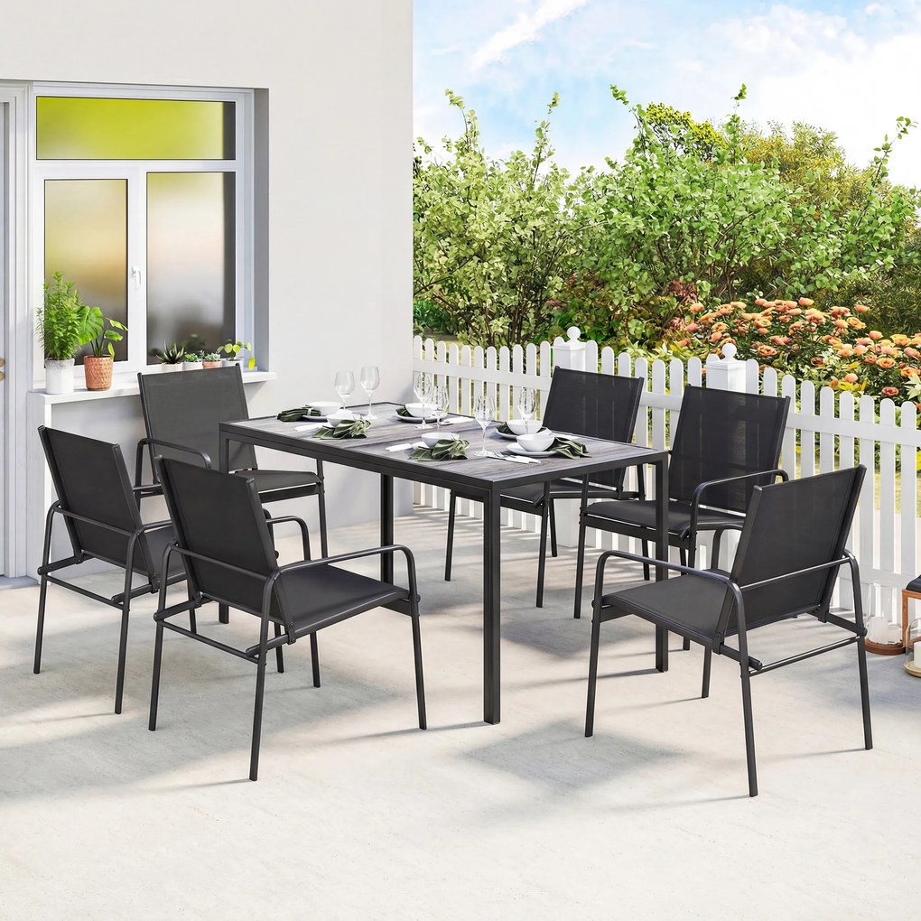 Outsunny Zestaw mebli ogrodowych komplet wypoczynkowy 150 x 80 cm stół z 6 oddychającymi krzesłami wygląd drewna stalowy stelaż Czarny | Aosom PL