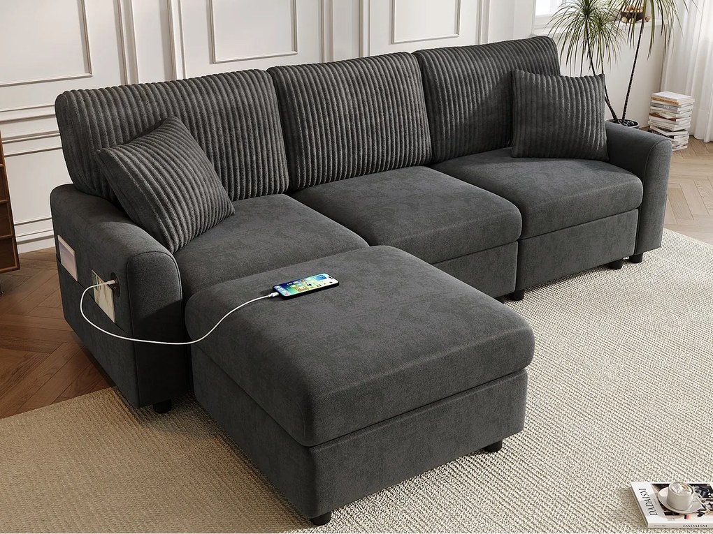 Nowoczesna kanapa 223 × 84 × 146 cm - z 1 podnóżkiem - z 2 kwadratowymi poduszkami, portem USB i portem USB-C - czarny