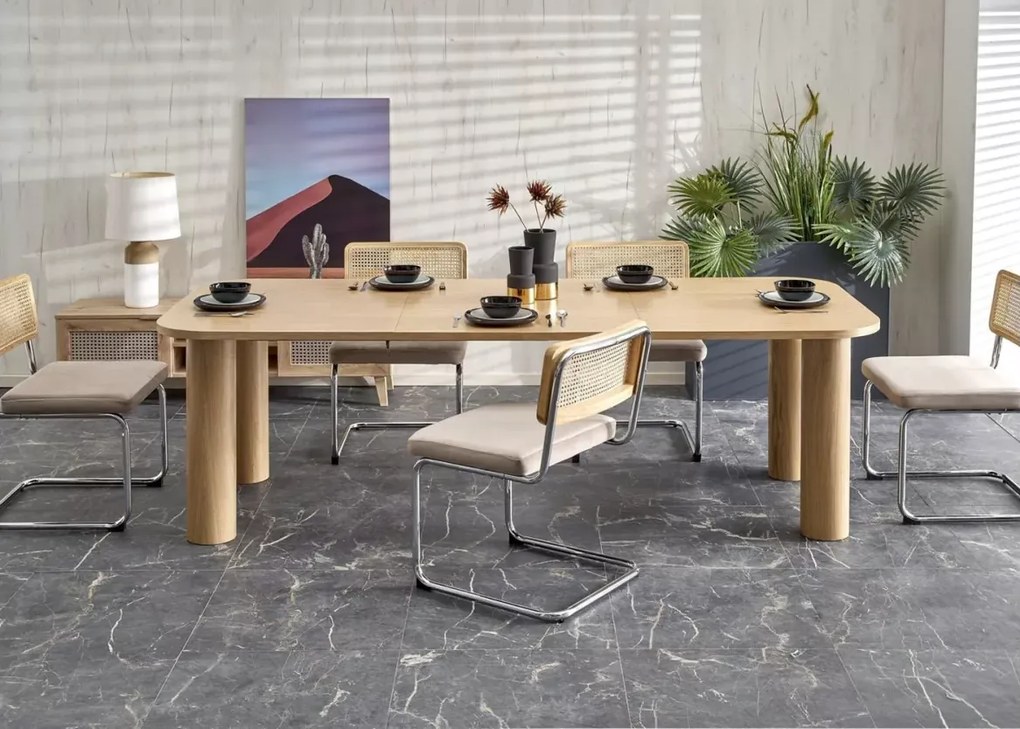 Nowoczesny prostokątny stół Casey z rozkładanym blatem 160-240 cm z naturalnej okleiny w kolorze dąb naturalny do kuchni salonu