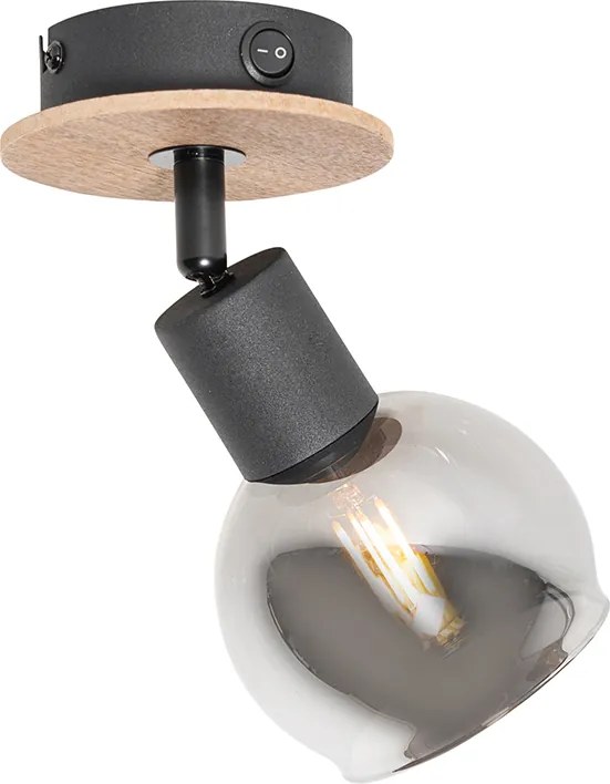 Reflektor art deco czarny z przydymionym szkłem i drewnem - Vidro