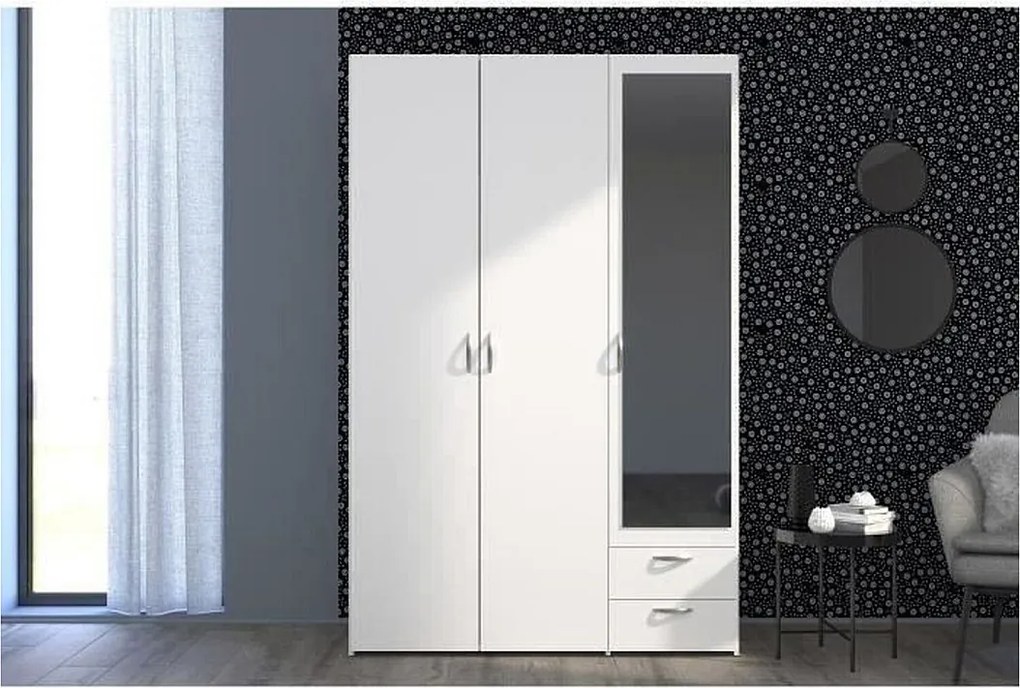 Szafa VARIA biała 3 drzwi skrzydłowe z lustrem, 2 szuflady, garderoba i półki - 120x185x51 cm - Design współczesny