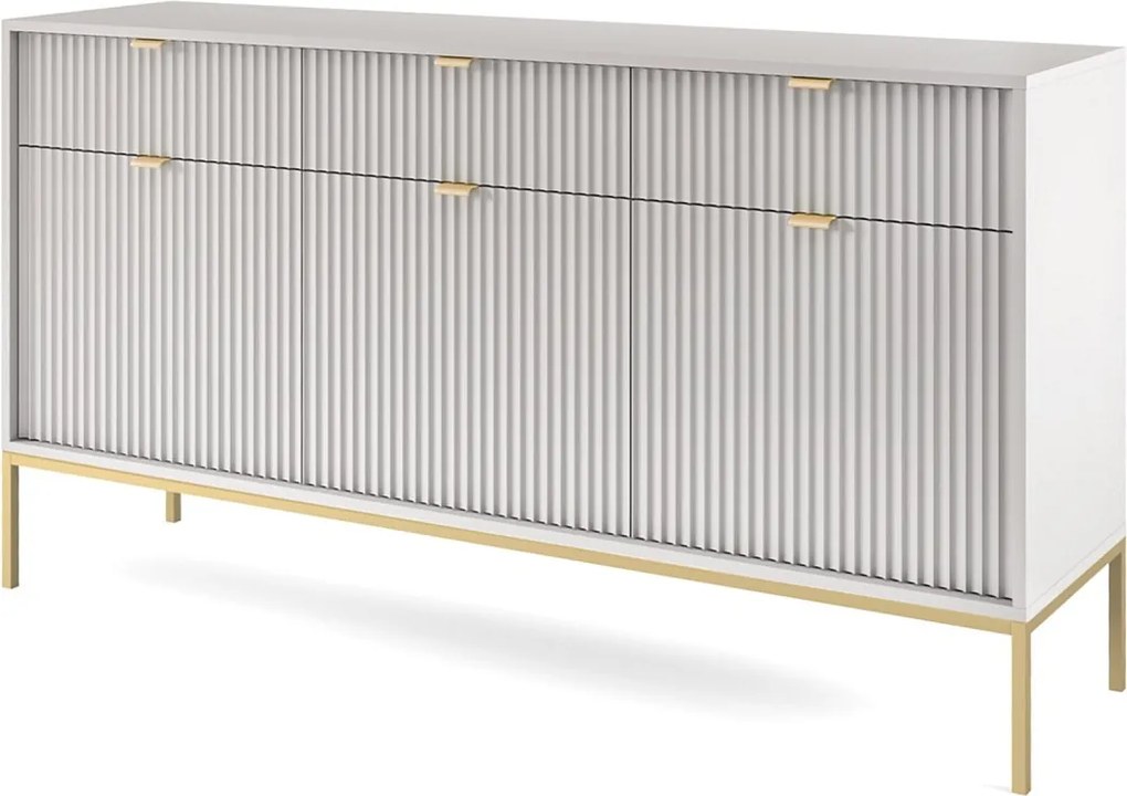 Komoda Elegancka DomoHome NOVA – 154x83x39cm, fasada Geriffelt, złote uchwyty, uniwersalny design, 3 szuflady i 3 drzwi, Szara rama złota