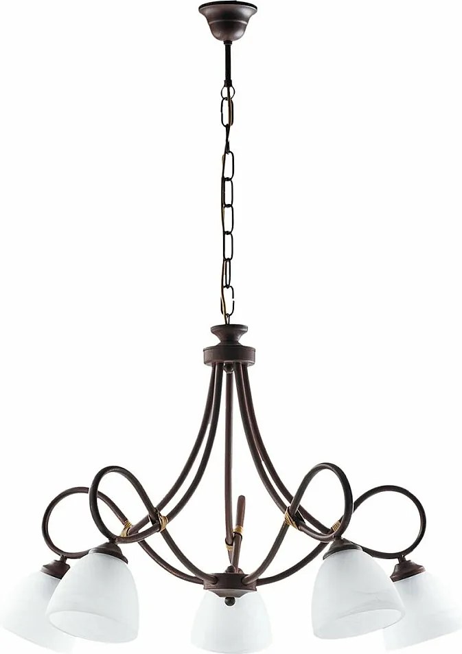 Dallas - żyrandol z czarnego lakierowanego żelaza, dekor imitujący rdzę, stare złoto, klosze z białego szkła alabastrowego Ø13 cm, 5 świateł