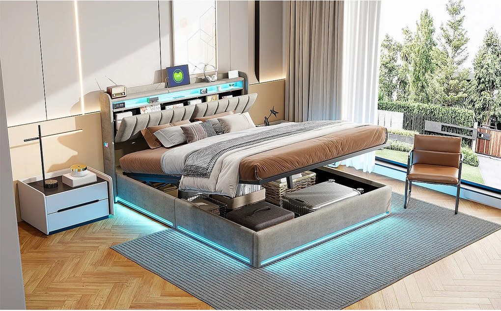 Łóżko Skrzyniowe 140x190 Szare Pikowane z LED RGB, Portami USB, Hydrauliczny Schowek i Zagłówkiem z Półkami – Styl Nowoczesny
