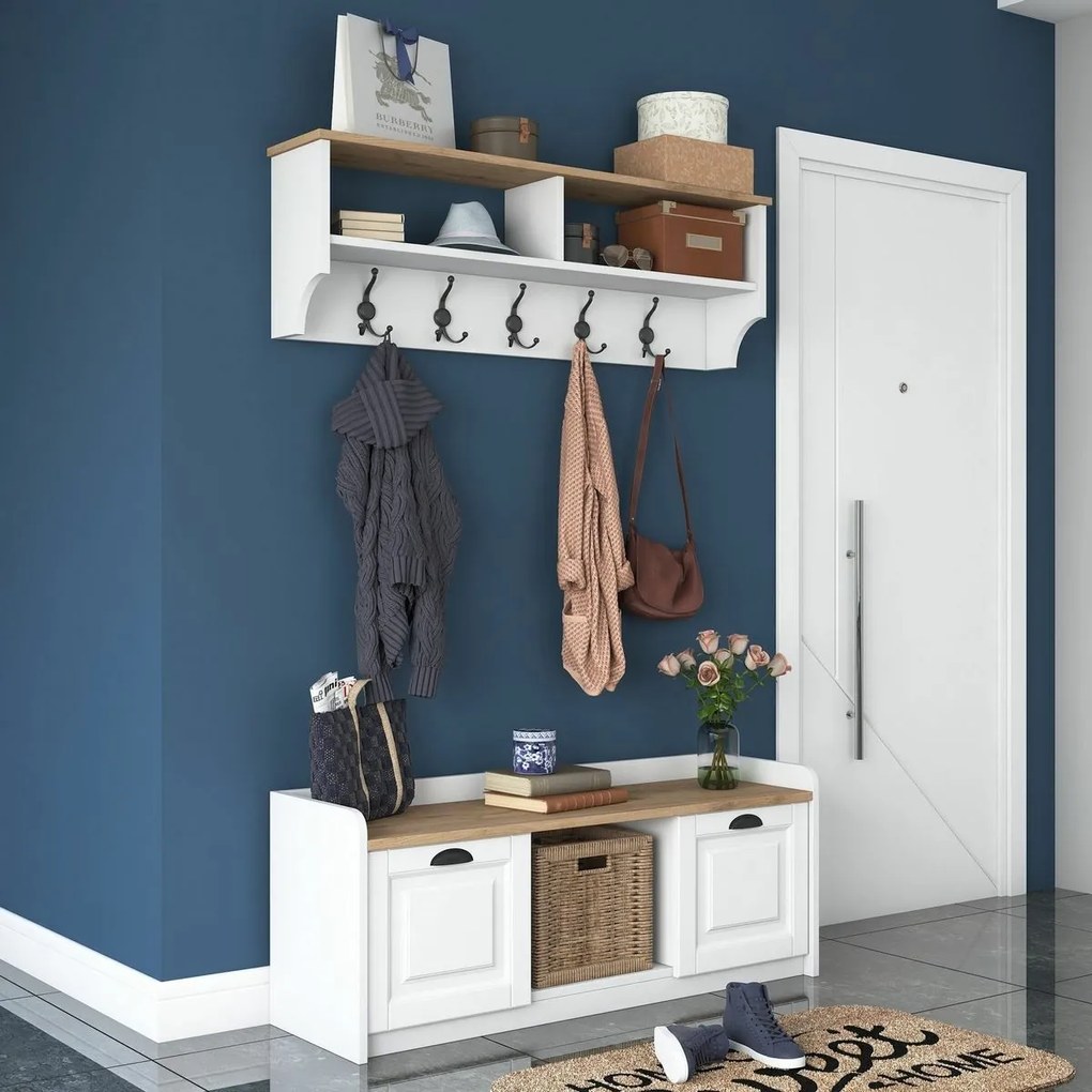 Wieszak ścienny z półką na buty Polo White and Walnut