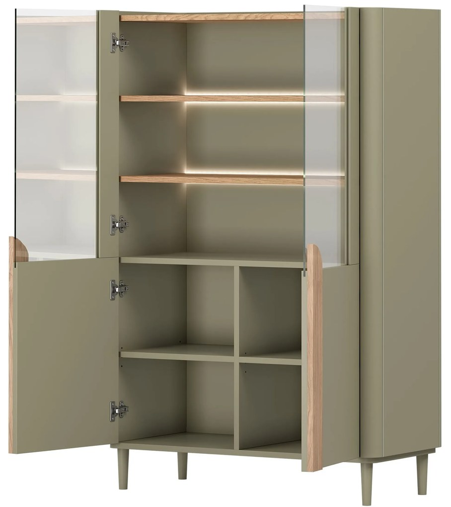 Witryna Amilio do salonu 100 cm na nóżkach - eukaliptus / dąb baltic dune / uchwyty dąb naturalny