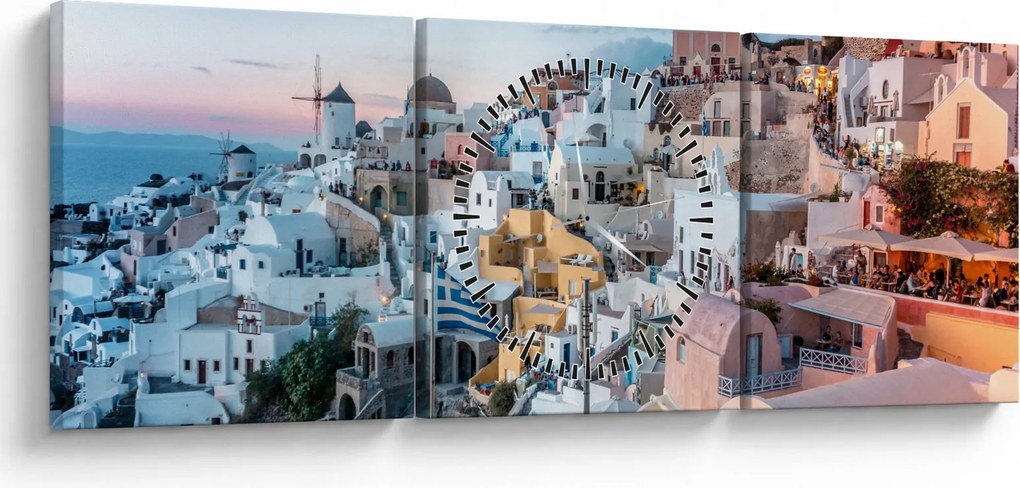 Obraz - Zmierzch na Santorini (z zegarem) (90x30 cm)