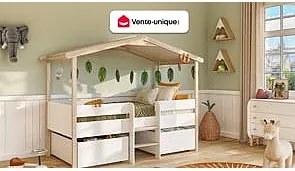 Łóżko w kształcie domku SAROSI z szufladami – 90 × 190 cm – drewno lipowe – kolor biały i dębowy