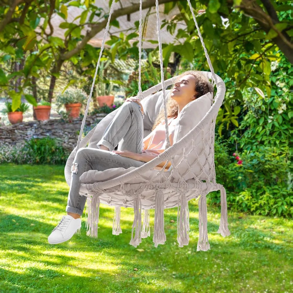 Wiszące krzesło BOHO z poduszkami, Ø61cm, beżowa Jurhan