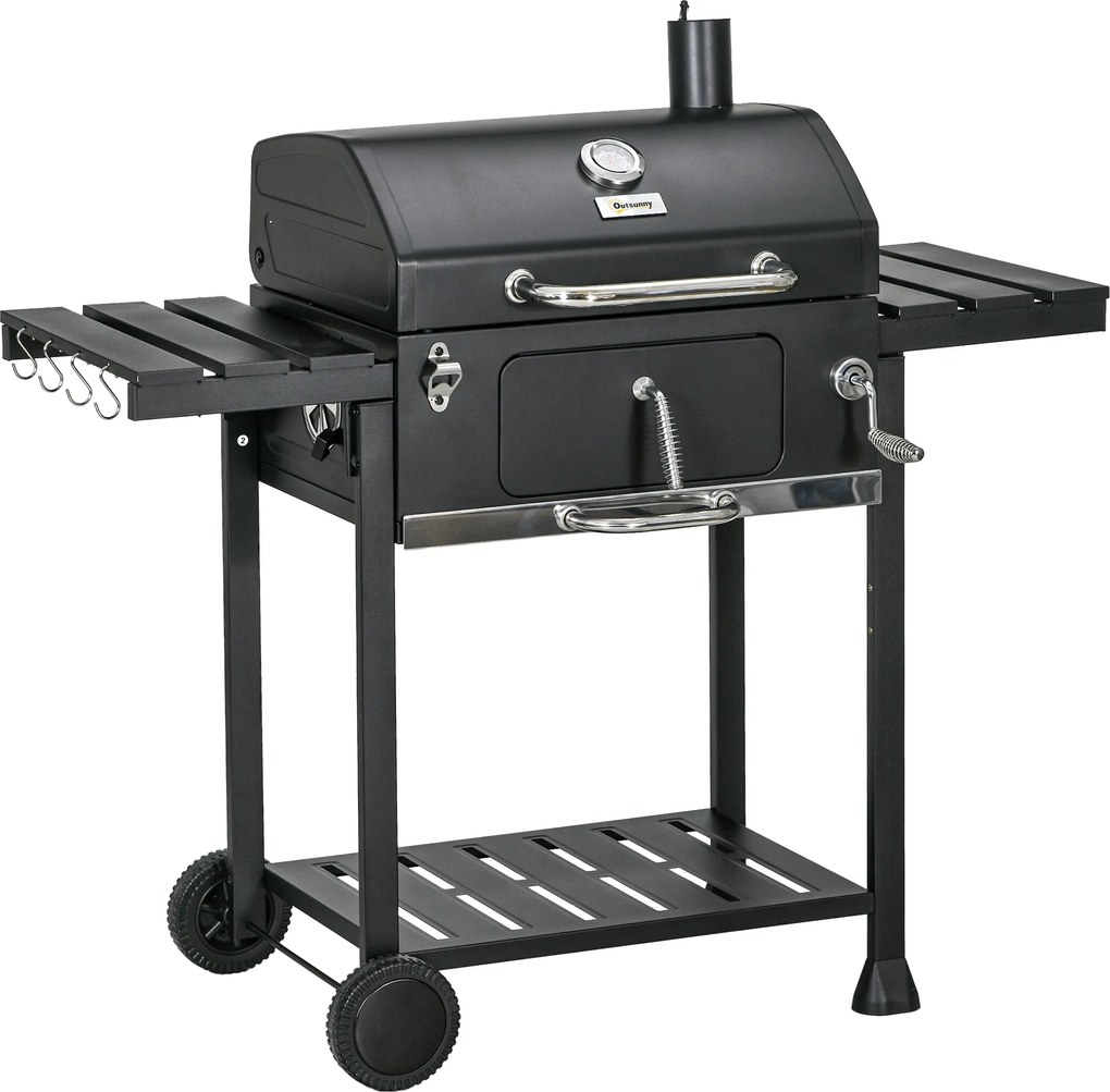 Outsunny Grill węglowy Grill BBQ-Grill, włącznie z termometrem, otwieraczem do butelek, 120 x 64 x 114 cm, czarny