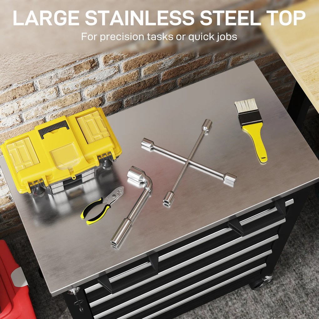 HOMCOM Szafka narzędziowa z 5 szufladami, przenośna skrzynia narzędziowa na kółkach, wózek narzędziowy ze stali, odcień srebra+czarny