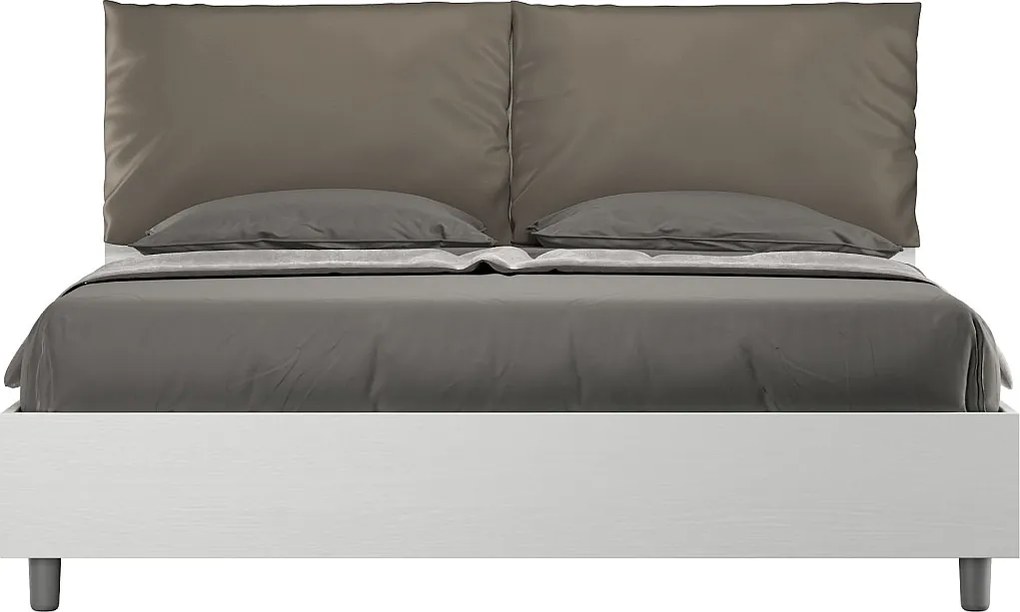Łóżko podwójne z pojemnikiem na pościel, podnoszone podwójnie, 160x190 cm, drewno jesionowe białe, poduszki ze skóry ekologicznej w kolorze cappuccino, Egos Antea