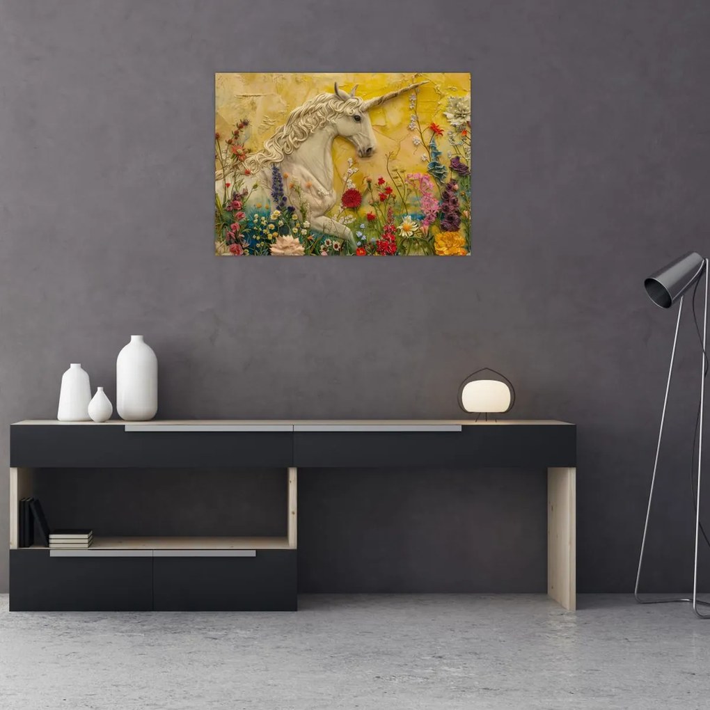 Obraz na szkle - Jednorożec z kwiatami (70x50 cm)