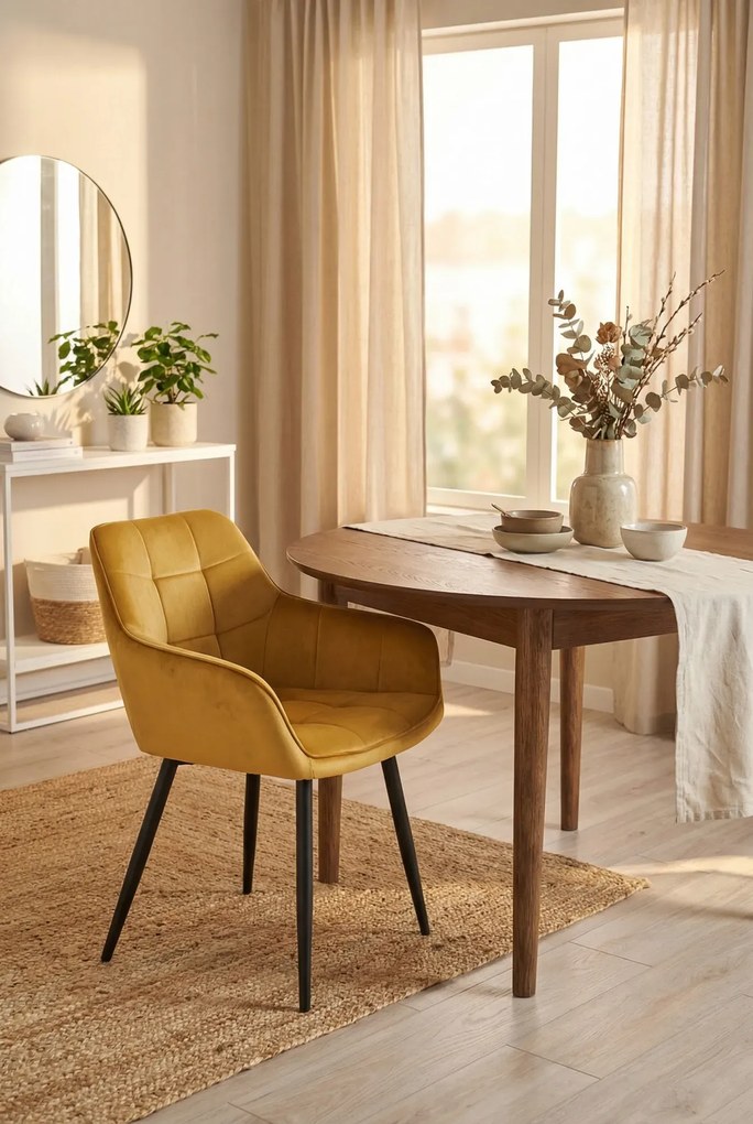 Żółte welurowe krzesło z podłokietnikami curry P5-M07