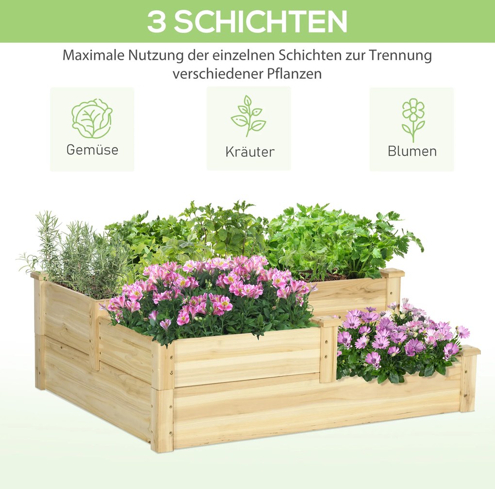 Outsunny Łóżko Ogrodowe 3-Stopniowe Drewniane Schodki na Rośliny Balkonowe Wysokie Łóżko Świerkowe | Aosom PL