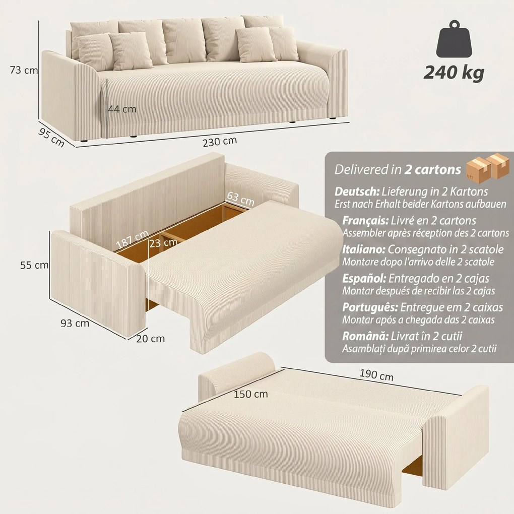 HOMCOM Sofa rozkładana 190x150 cm 3-osobowa z funkcją spania, poduszki, schowek, wygląd sztruksu do salonu, beżowa | Aosom PL