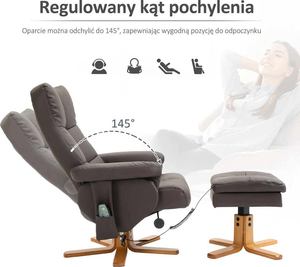 HOMCOM Fotel masujący z podnóżkiem nachylenie 145 stopni komfortowy relaks sztuczna skóra stylowy brązowy 80x86x99cm | Aosom PL