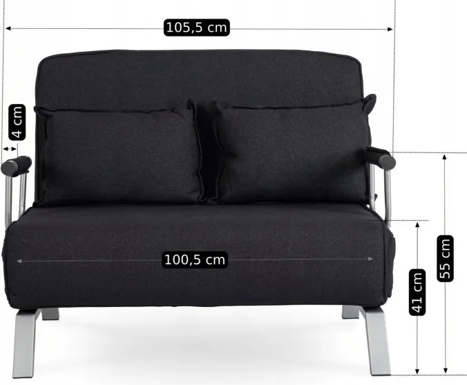 Fotel Rozkładany Dwuosobowy BART 2 Wypoczynkowy Czarny do Spania Leżanka Nowoczesny