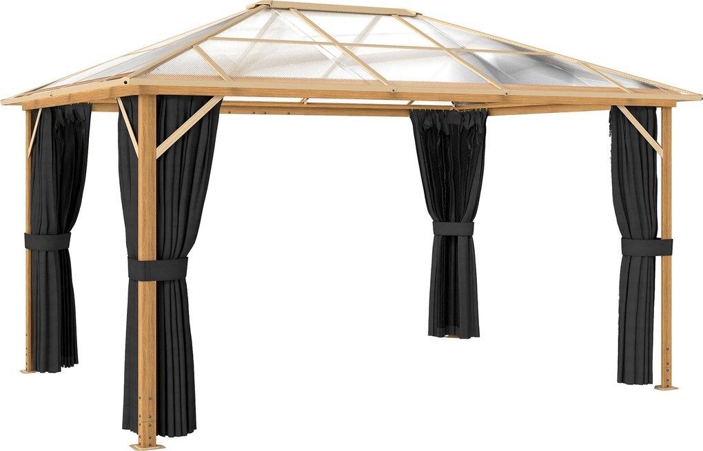 Outsunny Pawilon ogrodowy 4x3m aluminiowy z dachem z poliwęglanu 6 mm, moskitiera, 4 zasłony, imitacja drewna, naturalne drewno | Aosom PL
