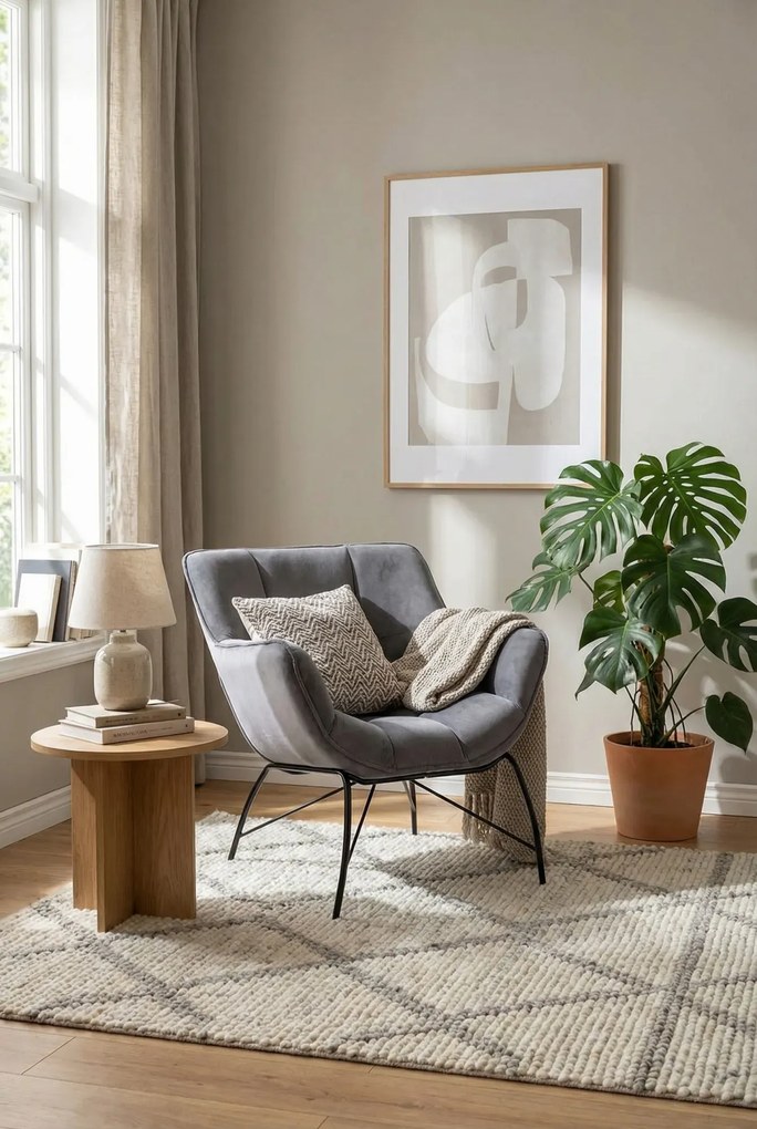 Popielaty welwetowy fotel wypoczynkowy E8-R35