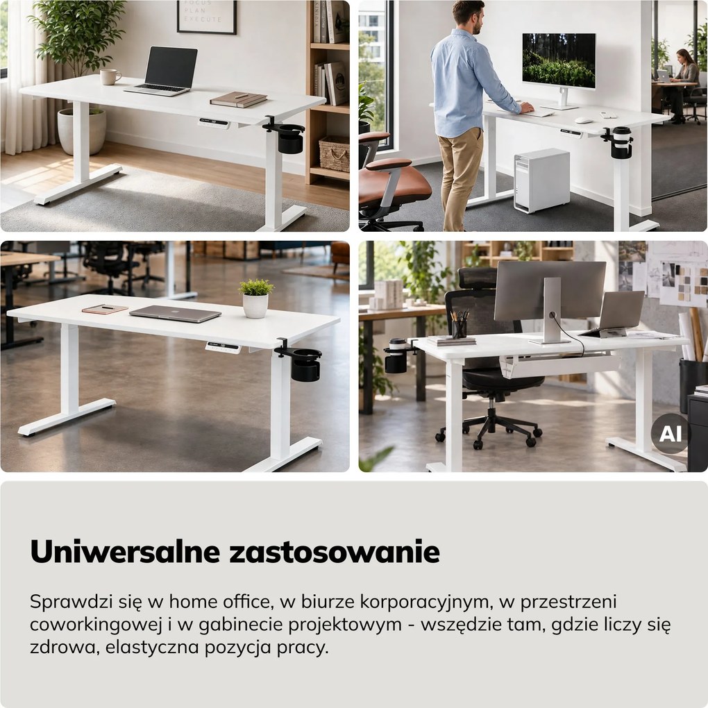 Biurko elektryczne z regulacją wysokości ergonomiczne białe,1400x700 mm: ARIA