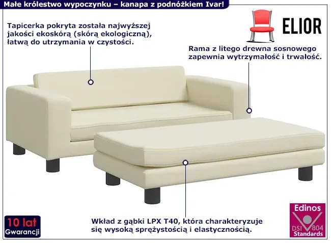 Kremowa sofa dla dziewczynki z podnóżkiem z ekoskóry - Lanco