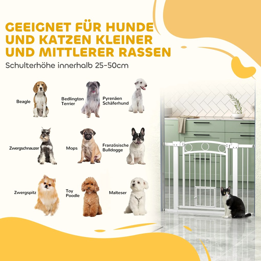 PawHut Bramka zabezpieczająca dla zwierząt, 77 cm, regulowana szerokość 76-104 cm, z drzwiami dla kota, do schodów i drzwi, biały