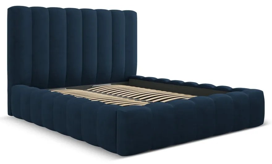Ciemnoniebieskie tapicerowane łóżko dwuosobowe ze schowkiem i stelażem 180x200 cm Kelp – Micadoni Home
