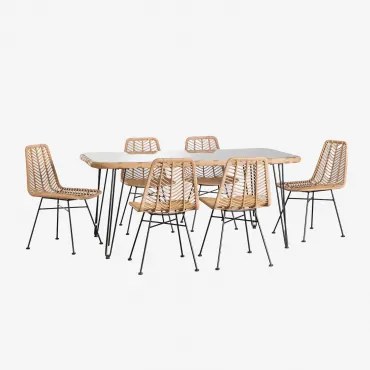 Set De Mesa Rectangular En Mimbre Sintético (180x90 Cm) Leribert Y 6 Sillas De Jardín En Ratán Sintético Gouda Natural Miel & Bez Poduszki - Sklum