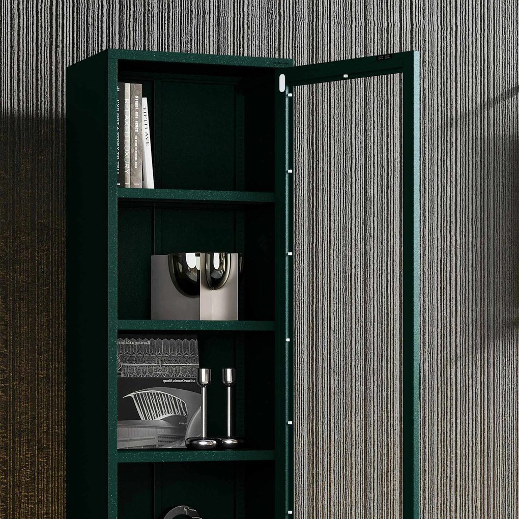 Witryna szklana do salonu wąska butelkowa zieleń Modern LUIGI 500 x 1800 x 350 mm