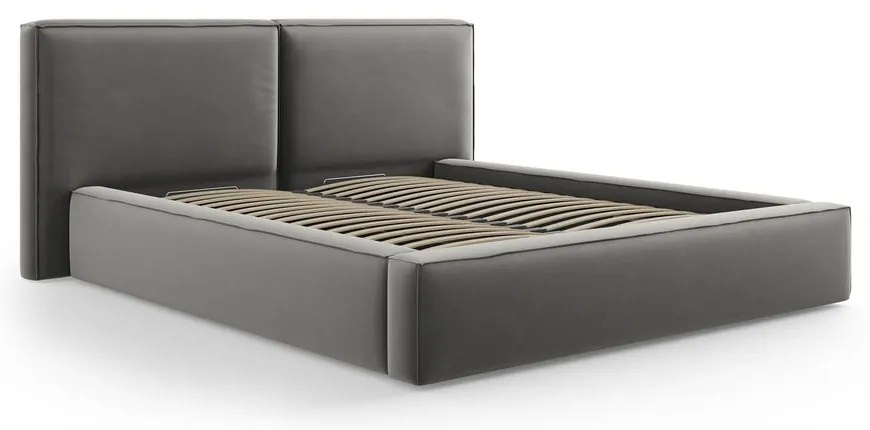 Szare aksamitne tapicerowane łóżko dwuosobowe ze schowkiem i stelażem 200x200 cm Arendal – Cosmopolitan Design