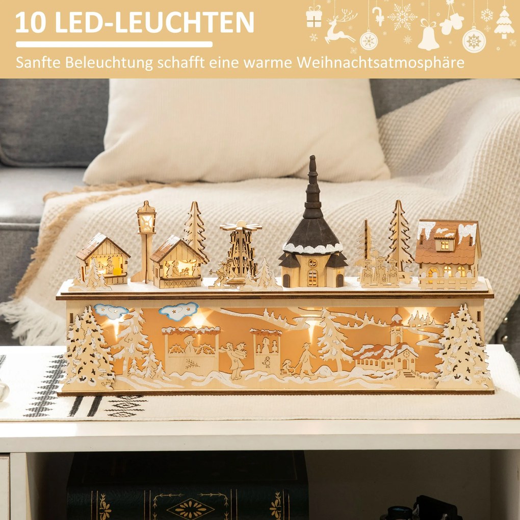HOMCOM Dekoracja Bożonarodzeniowa, zasnowione miasteczko, 10 diod LED, ciepłe światło, sklejka, 45 x 10 x 25 cm