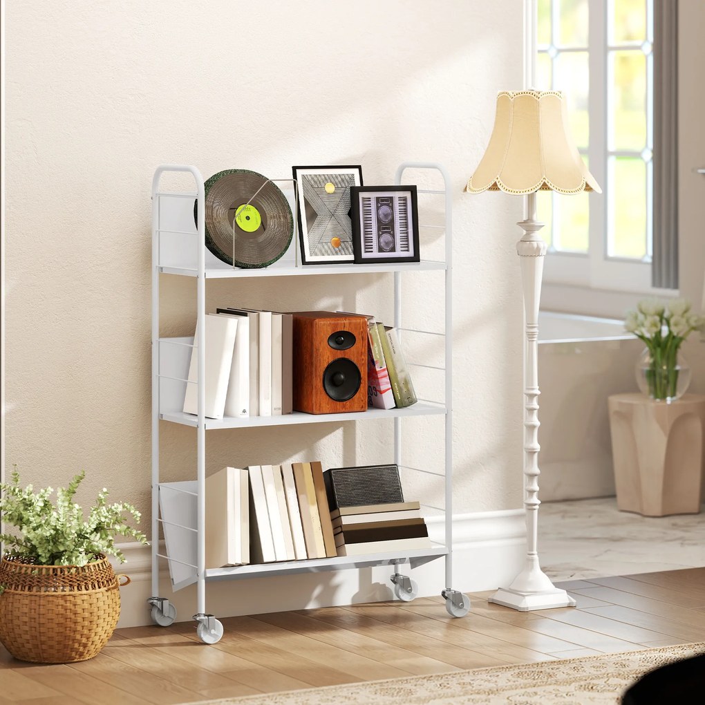 HOMCOM Regał na książki Regał do przechowywania z 3 półkami, na kółkach, regał na zabawki do sypialni, 69 x 26 x 108 cm, biały