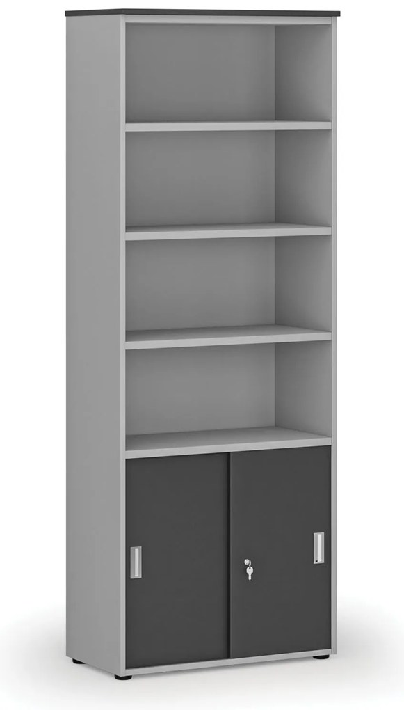 Szafa biurowa kombinowana PRIMO GRAY, drzwi przesuwne na 2 poziomach, 800 x 420 x 2128 mm, szary/grafit