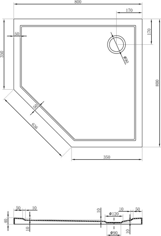 Mexen Flow brodzik pięciokątny slim 80 x 80 cm, biały połysk - 46P108080