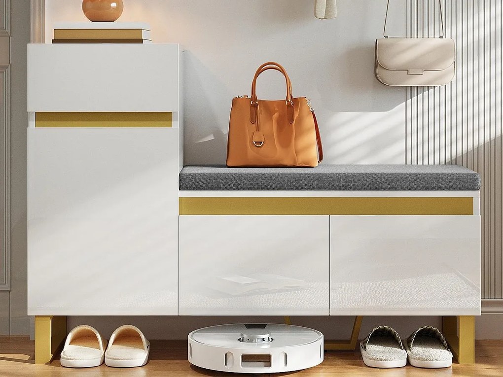 Szafa na buty 120x35x85 cm - 1 szuflada i 3 fronty - z pikowaną ławką na buty - Biały