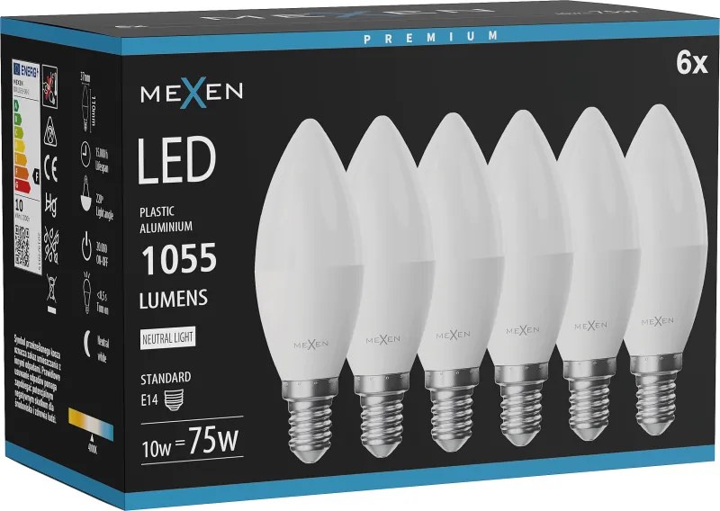 Mexen Nova 6x żarówka LED E14, C37, 10W, Neutralna - 4000K, 1055 lm - L102-E14-1040-01x06