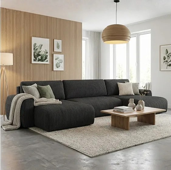 Stylowy narożnik rozkładany  ARIEL U 387x150x87 cm w tkaninie Velo 19 czarnej