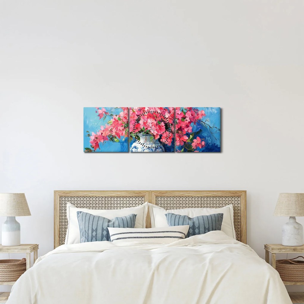 Obraz - Wazon z różowymi kwiatami (z zegarem) (90x30 cm)