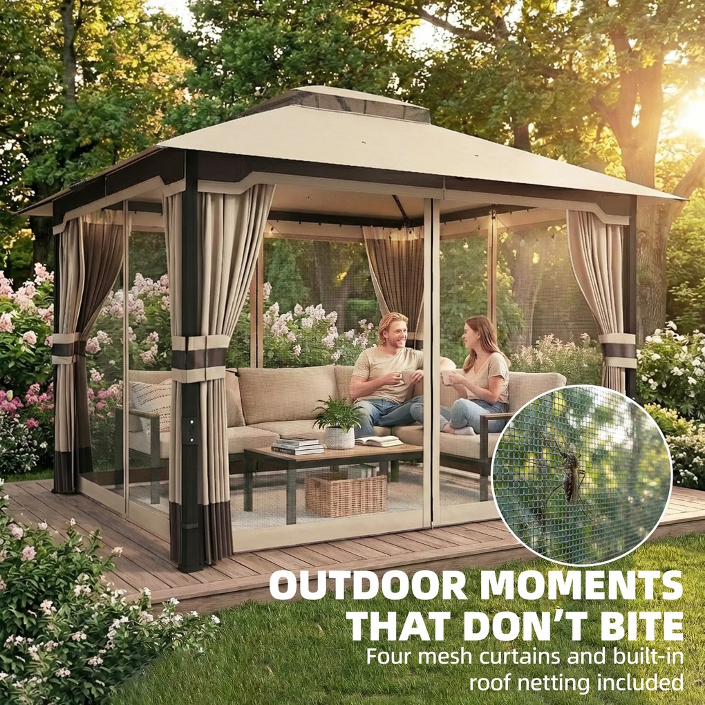 Outsunny Pawilon 3,6x3 m Wodoodporny Stabilny Zimowy Pawilon Ogrodowy z Podwójnym Dachem, Moskitierą, Zasłonami, Otworami Odwadniającymi | Aosom PL