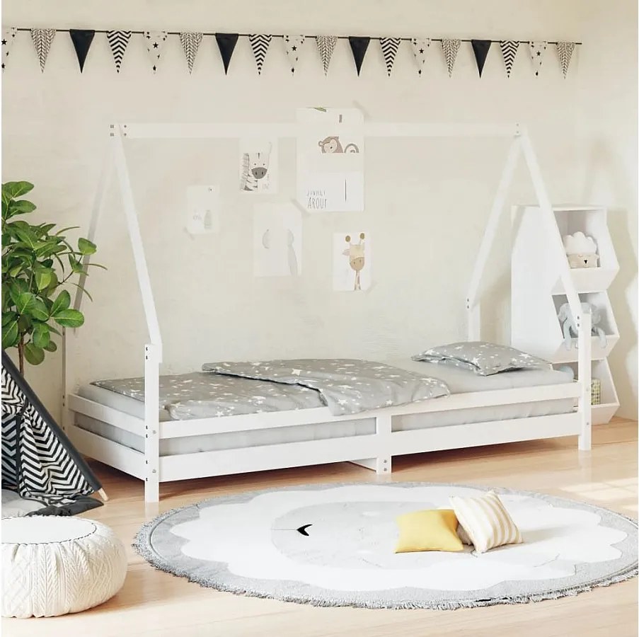 Biała Łóżko Dziecięce 90x200 cm Lite Drewno Sosnowe Dom Zasłony Prywatność