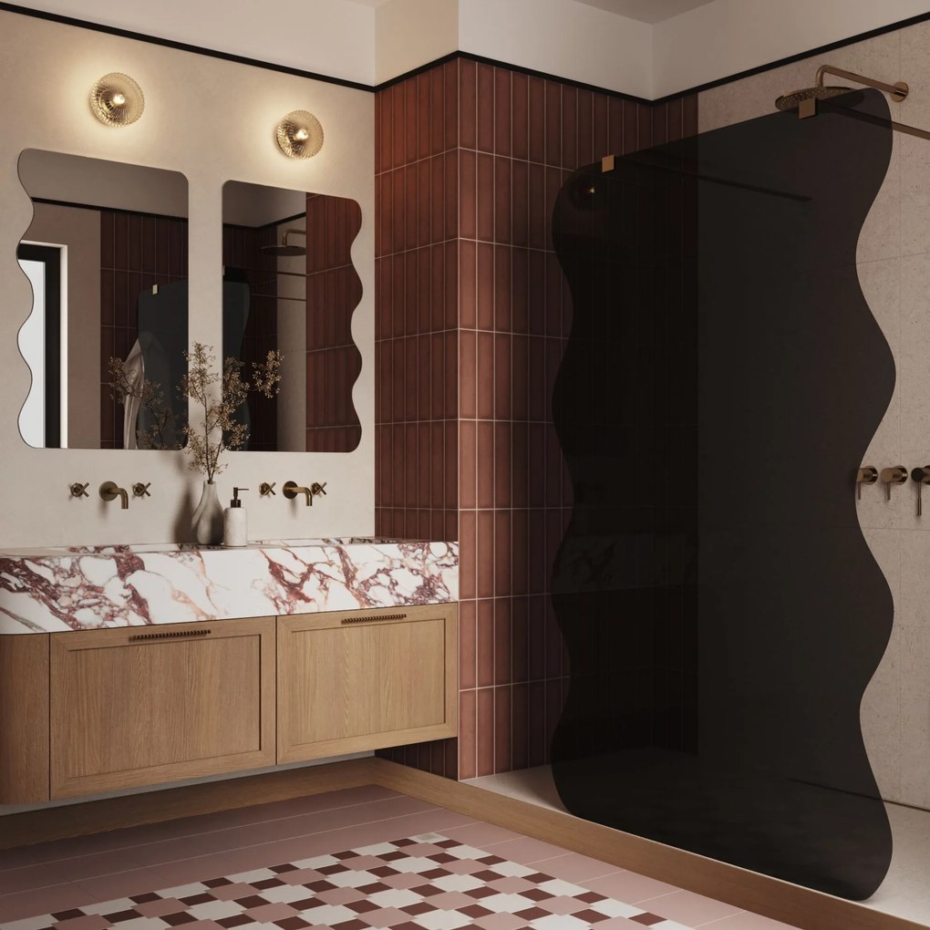 Ścianka prysznicowa Walk in szkło czarne falowane 8mm MOLIS Wave Duo Black MASSI | Różne rozmiary : Kolor profili kabiny - złoty szczotkowany, Szerokość ścianki - 80 cm, Typ montażu - WALK IN