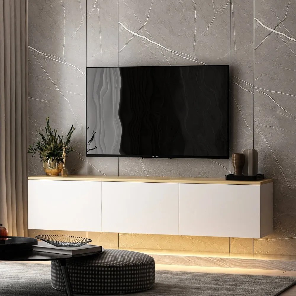 Biało-naturalna szafka pod TV w dekorze dębu 160x35x32 cm Neon – Kalune Design