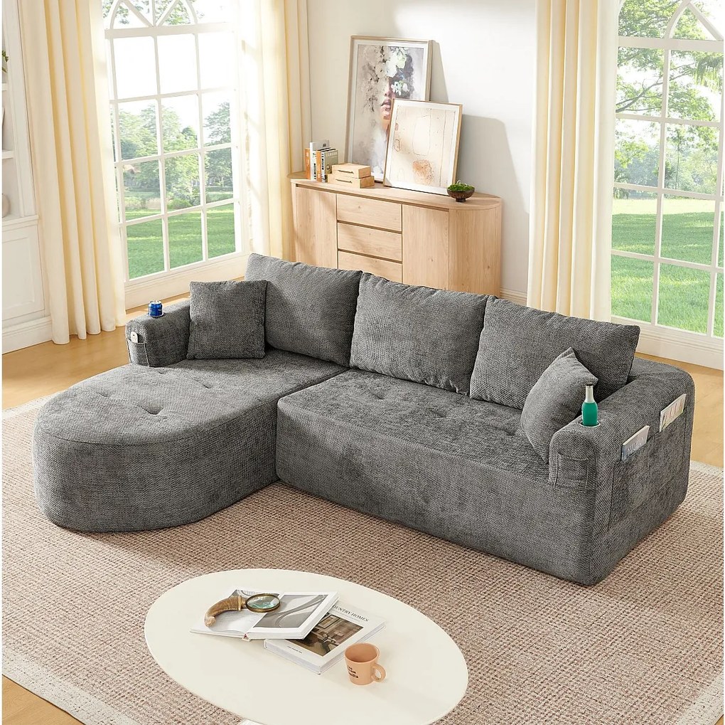 4-osobowa sofa narożna z kieszeniami bocznymi i uchwytem na kubki, bez montażu, z lnu, szara