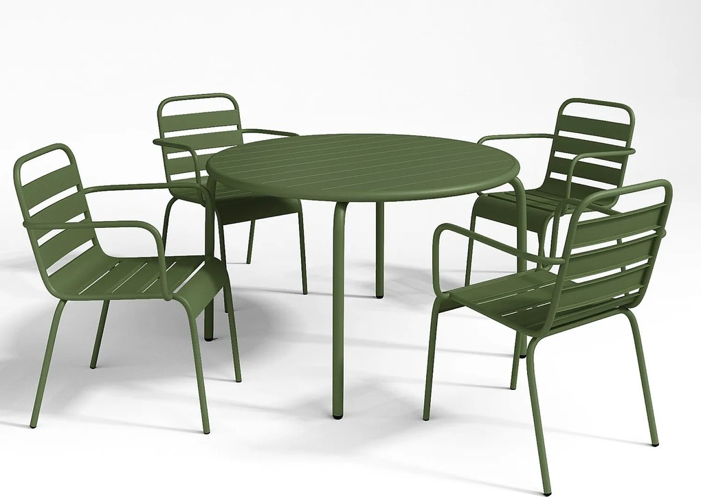 Metalowa jadalnia ogrodowa - stół dł.110cm i 4 sztaplowane fotele - Khaki - MIRMANDE