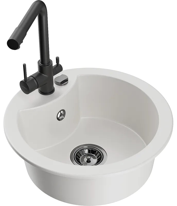 Mexen Diego zlewozmywak granitowy 1-komorowy z baterią kuchenną Duero, biały - 6512-20-671600-70